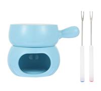 UKCOCO Ceramic Cheese and Chocolate Fondue Set with Handle, Blue Base Heating Pot and 2 Forks, Household Melting Pot for Cheese, Butter, and Chocolate Fondue at Home Random Color