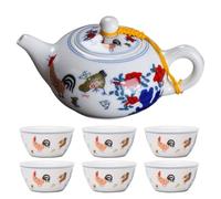 UKCOCO Ceramic Gongfu Tea Set with Hand-Painted Doucai Jiggong Cups, 7-Head Blue and White Porcelain Teapot with Handle, Small Pot for Loose Leaf Brewing and Traditional Tea Ceremony