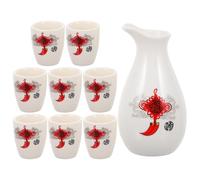 UKCOCO Ceramic Sake Set 9pcs Wine Flagon with White Porcelain Cups and Chinese Knot Decoration, Printed Sake Pot and Serving Cups for Traditional Japanese and Chinese Drinking Rituals