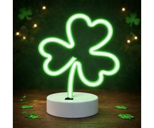 UKCOCO Good Luck Irish Clover Neon Light: LED Green Clover Neon Signs - St Patricks Day Decorations Lights Battery/USB Powered for Home Bedroom Office Hotel Pub Party