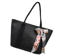 UKCOCO Handbag Weaving Lightweight Black Large Capacity Shoulder Bag with Ribbon Multifunctional Casual Tote Bag Suitable for Vacations and Company Use