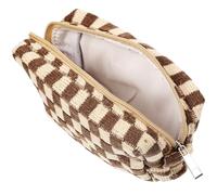 UKCOCO Large Capacity Woolen Yarn Cosmetic Bag with Checkered Design, Sturdy Travel Toiletry Pouch for Women, Portable Coffee Makeup Storage for Handbag and Fitness, 6.7 X 3.9 X 2.8