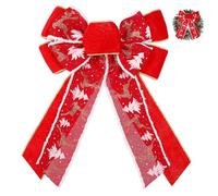 UKCOCO Large Red Christmas Tree Topper Bow with Reindeer and Tree Design Easy to Install Festive Fabric Bow and Holiday Party Wreath Ornament