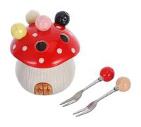 UKCOCO Mushroom Shaped Ceramic Fruit Forks with Reusable Stainless Steel Dessert Forks and Convenient Storage Holder for Occasion Table Decoration