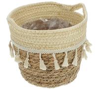 UKCOCO Natural Tassel Macrame Woven Storage Basket with Green Fringe Pom Pom, Small Beige Willow Sundry Organizer for Bathroom, Cabinet, Indoor Plant Holder, Desktop Makeup Storage Box