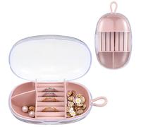 UKCOCO Pink Abs Travel Jewelry Organizer with Two Compartments and Multiple Ring Rolls, Portable Jewelry Storage Box Featuring Clear-top Design and Hanging Ring for Convenient Trips