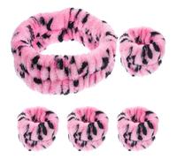 UKCOCO Pink Leopard Pattern Flannel Headband and Wristbands for Women, Practical Skincare Hair Accessories that Keep Hair from Face, for Spa and Face Washing