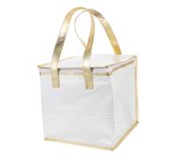 UKCOCO Portable Insulated Cake Storage Bag White with Gold Trim Thermal Food Transport Tote with Zipper Lightweight Handheld Carrier for Pizza Seafood Fruit Desserts and Drinks