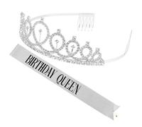 UKCOCO Silver Birthday Party Sash Crown Shoulder Strap and Hair Hoop Set Elegant and Creative Design Elastic Cloth and Alloy Material for Girls Birthday Party Accessories