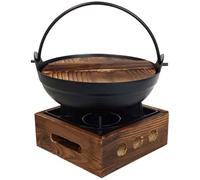 UKCOCO Soup Pot cast Iron Camping cookware Individual nabe Japanese Cooker Wood + Iron Handle Wooden Cover Outdoor Picnic cookware for Ramen and Instant Noodles