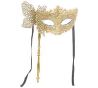 UKCOCO Venetian Mask for Women with Stick - Golden Lace Masquerade Mask with 3D Butterfly & Sequins, Adjustable Elastic Strap - Handheld for Carnival, Halloween, Cosplay & Masquerade Balls