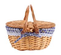 UKCOCO Wicker Picnic Basket with Lid & Folding Handles - Empty Hamper Basket with Washable Blue Gingham Liner - Traditional Willow Woven for Summer Park, Easter Egg Hunt & DIY Gift