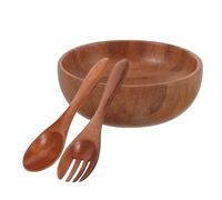 UKCOCO Wooden Salad Bowl and Servers Set, Japanese Style Acacia Wood Fruit Bowl with Spoon and Fork, Original Wood Plate for Salad and Fruit Serving