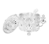 UKCOCO Zinc Alloy Sugar Bowl with Lid and Spoon, Silver Decorative Granulated Sugar Jar for Kitchen Storage, European Style Metal Carved Condiment Container for Home Use