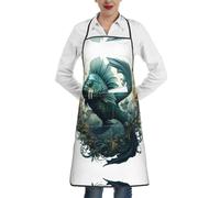 UKCZZLMSQ The Green Flying Fish Printed Kitchen Apron with Two Pockets and Adjustable Bib - Waterproof, Oil-Resistant, Chef's Apron
