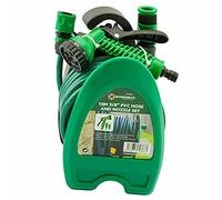 ukdabzz 10m Patio Hose Set - Green Plastic & Rubber Mini Garden Watering Hose Pipe Reel Spray Set - 4 Pattern Hand Spray - Tap Ready, 2x Hose Connector, 1x Tap Adaptor - HARDWARE