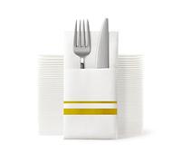 UKEENOR Disposable Dinner Napkins Cloth Like with Built-in Flatware Pocket,Wedding Party Linen Feel White and Golden Napkin, Prefolded for Silverware, 100 Counts