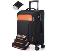 UKEIN Softside Expandable Carry On Luggage 22x14x9 Airline Approved, 20 Inch Carry On Suitcase with Wheels & TSA Lock, Travel Suitcase with 4-Piece Packing Bags for Women Men, Black, Carry on （20in