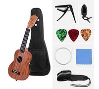 Ukelele Kit 21 Inch Acoustic Saxophone Ukulele Merbau Plywood Body with Gig Bag Tuner Strap Picks capo Red Blue (Color : Wood color)