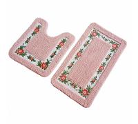 UKELER Non-Skid Floral Rose Bathroom Contour Rugs, Set of 2 Soft Shaggy Non Slip Bath Shower Mat and U-Shaped Toilet Floor Rugs, Pink
