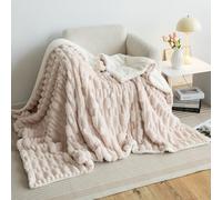 UKELER Sherpa Bed Blanket 80 × 90 inch, Ultra Soft Queen Size Throw Blankets for All Season, 610 GSM Cozy Plush Striped Fleece Blanket for Bedroom Living Room Dorm Hostel Sofa Camping, Off White
