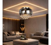 UKEW Modern Crystal Droplet Round Glass Ceiling Light Smoked Grey Chandelier 35Cm