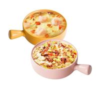 ukfisy Lasagne Dish,2 pcs Round Individual Baking Dishes with Handle,Small Ceramic Oven to Table Ideal for Lasagne Pie Casserole Tapas (Yellow+Pink)