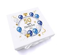 ukgiftstoreonline 50th Birthday Gift Personalised Keepsake Memory Box With Blue Balloons (Large)