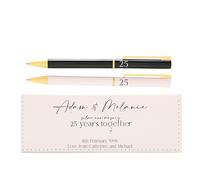 ukgiftstoreonline Personalised 25th Anniversary Pen Set, 2 Premium Pens, Black White and Gold Finish, His and Hers Gift Box, Couples Keepsake