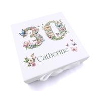 ukgiftstoreonline Personalised 30th Birthday Memory Box, White with Natural Wood Interior, Floral and Butterfly Design, Keepsake Storage Gift (Ribbon Box, Large)