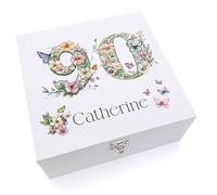 ukgiftstoreonline Personalised 90th Birthday Memory Box, White with Natural Wood Interior, Floral and Butterfly Design, Keepsake Gift (Wood Box, Medium)