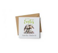 ukgiftstoreonline Personalised Baby's First Easter Card, Square Format, 147x147mm, Premium 300gsm Linen Card Stock, Easter Bunny and Lamb Design