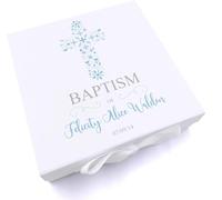 ukgiftstoreonline Personalised Baptism Keepsake Box, Blue Ornate Cross Design, Ribbon or Wood Box, Custom Name and Sentiment, Memento