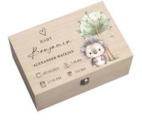 ukgiftstoreonline Personalised Bespoke Wooden Baby Memory Box, Animal Design Keepsake Storage, Decorative Gift for Precious Moments (Hedgehog)