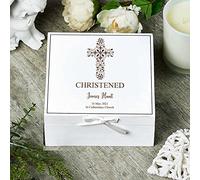 ukgiftstoreonline Personalised Christening White Keepsake Box With Floral Cross Design