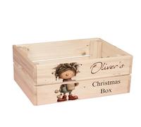 ukgiftstoreonline Personalised Christmas Eve Box with Santa, Trees, Reindeer, Snowman Designs, Wooden Storage Crate, 30.5 x 25 x 12 cm, Holiday Presentation Box with Side Handles (ELF-4)