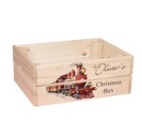 ukgiftstoreonline Personalised Christmas Eve Box with Santa, Trees, Reindeer, Snowman Designs, Wooden Storage Crate, 30.5 x 25 x 12 cm, Holiday Presentation Box with Side Handles (Locomotive-1)