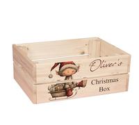 ukgiftstoreonline Personalised Christmas Eve Box with Santa, Trees, Reindeer, Snowman Designs, Wooden Storage Crate, 30.5 x 25 x 12 cm, Holiday Presentation Box with Side Handles (ELF-2)