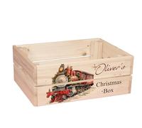 ukgiftstoreonline Personalised Christmas Eve Box with Santa, Trees, Reindeer, Snowman Designs, Wooden Storage Crate, 30.5 x 25 x 12 cm, Holiday Presentation Box with Side Handles (Locomotive-3)
