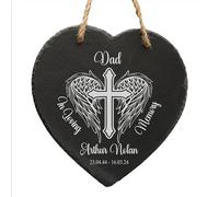 ukgiftstoreonline Personalised Condolence Memorial Slate Heart Plaque, 20cm x 20cm, Customisable Angel Wings and Cross Engraving