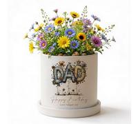 ukgiftstoreonline Personalised Dad Plant Pot, Handcrafted Terracotta Planter, 14cm, White Floral Design, with Matching Tray