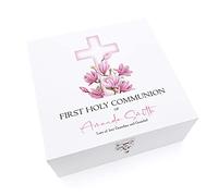 ukgiftstoreonline Personalised First Holy Communion Wooden Keepsake Memory Box Pink Cross (Medium)