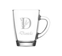 ukgiftstoreonline Personalised Glass Tea Cup with Custom Name Engraving, Leaf Design, Coffee and Tea Cup
