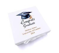 ukgiftstoreonline Personalised Graduation Keepsake Memory Box, Printed Gift Box, Magnetic Closure, Grosgrain Ribbon Tie, 1200gsm Medium 17x17x8cm, Large 30x30x9cm (Watercolour Hat, Medium)