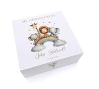 ukgiftstoreonline Personalised Keepsake Box for Christening, Baptism, First Holy Communion, Confirmation, Safari Animal Design, Memory Storage