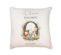 ukgiftstoreonline Personalised New Baby Cushion, Safari Animals Alphabet Design, Linen, Custom Pillow Nursery Keepsake