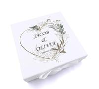 ukgiftstoreonline Personalised Wedding Box With Silver Green Leaf Heart and Ribbon (Large)