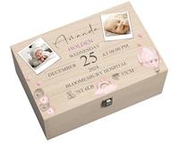 ukgiftstoreonline Personalised Wooden Baby Girl Memory Box, Photo Keepsake Storage for Birth Details, First Shoes, Mementos, etc