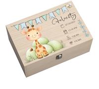 ukgiftstoreonline Personalised Wooden Baby Memory Keepsake Box with Cute Animal Designs, Storage for First Shoes, Photos, Mementos (Sitting Giraffe)