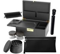 UkGlass Wooden Stash Box Kit with Grinder, Smell Proof Bag, Wooden Rolling Tray, Tube, Two Glass Containers and Rolling Stand - Complete Smoking Accessories Set